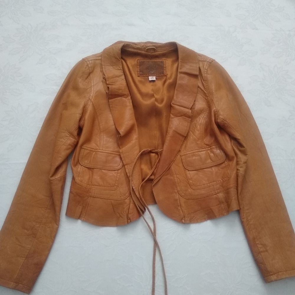 Leather victorian ruffled front ties cropped jacket Vintage